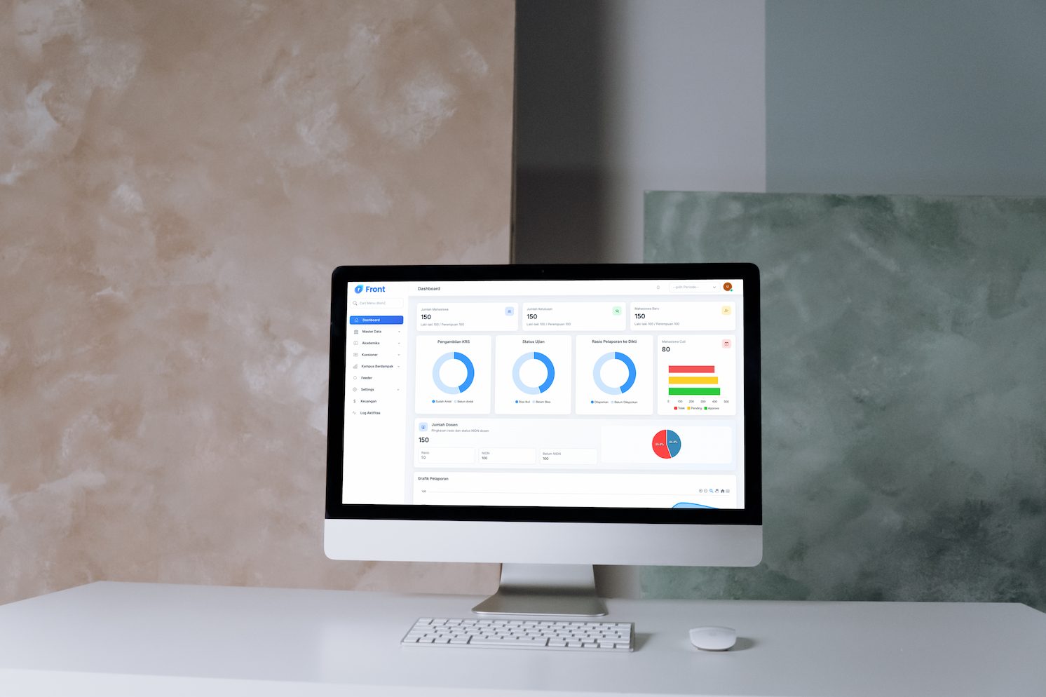 A monitor showing the Siakad dashboard with student statistics, course registration, and exam status.