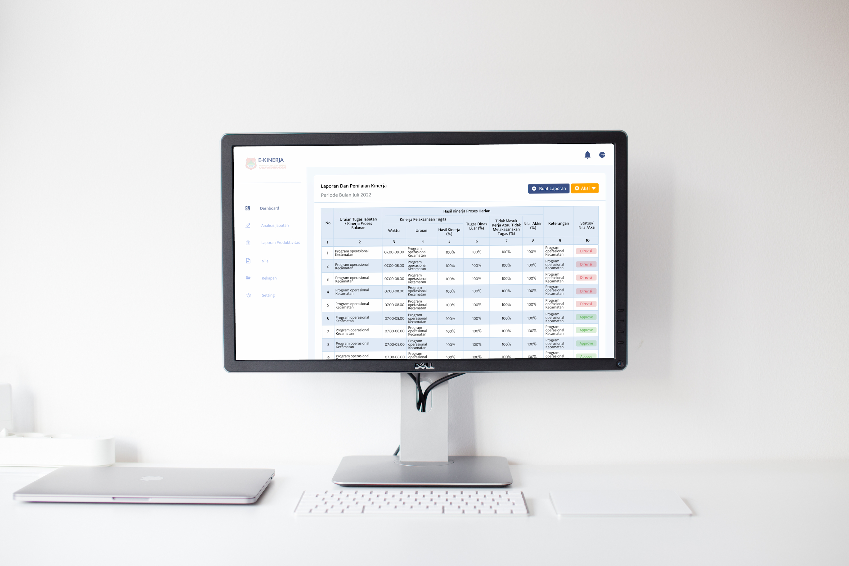 A desktop monitor showing the eKinerja daily employee performance report and review table.